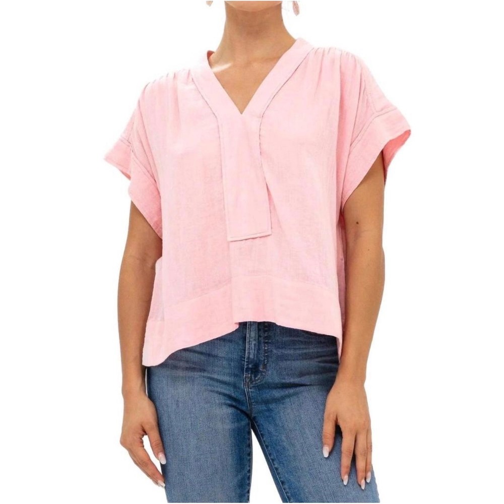 Oliphant Gauze V-Neck Top Women Medium Pink Excellent Short Sleeve Cotton